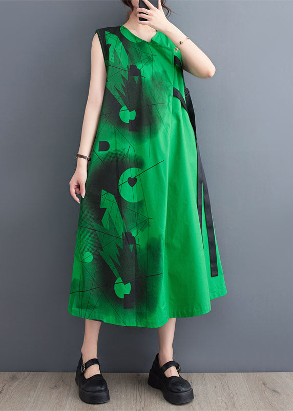 Green Patchwork Cotton Long Dress V Neck Lace Up Sleeveless