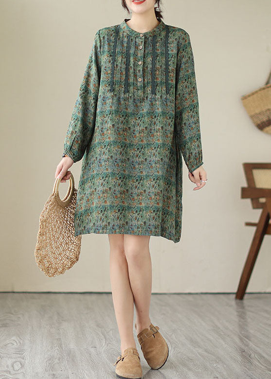 Green Patchwork Cotton Mid Shirts Dress Wrinkled Long Sleeve