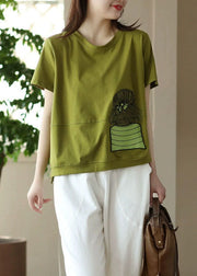 Green Patchwork Cotton T Shirt Top Embroideried Short Sleeve