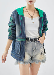 Green Patchwork Denim Coats Hooded Pockets Fall