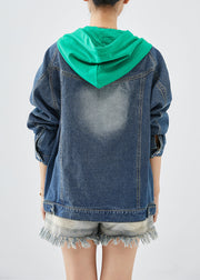 Green Patchwork Denim Coats Hooded Pockets Fall