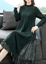 Green Patchwork Fake Two Piece Knitwear Dress Stand Collar Side Open Long Sleeve