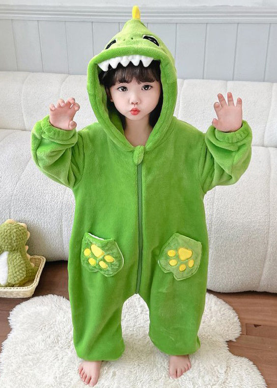 Green Patchwork Fluffy Boys Girls Pajamas Jumpsuit Hooded Long Sleeve