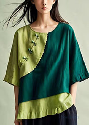 Green Patchwork Linen Blouses Chinese Button Ruffled Summer