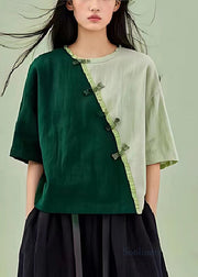 Green Patchwork Linen Blouses Chinese Button Wrinkled Summer