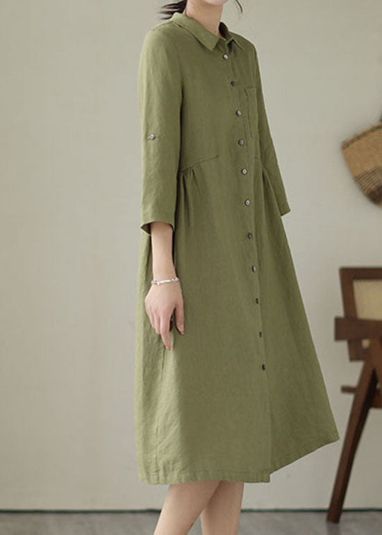 Green Patchwork Linen Dress Peter Pan Collar Wrinkled Summer