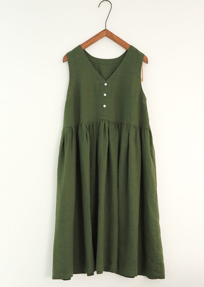 Green Patchwork Linen Dresses V Neck Wrinkled Sleeveless