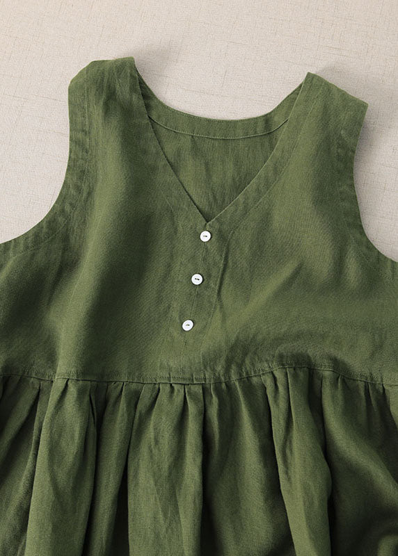 Green Patchwork Linen Dresses V Neck Wrinkled Sleeveless