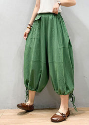 Green Patchwork Linen Lantern Pants Wrinkled Elastic Waist Summer