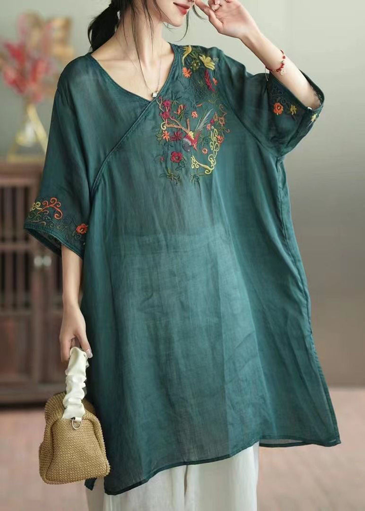 Green Patchwork Linen Mid Dress V Neck Embroideried Summer