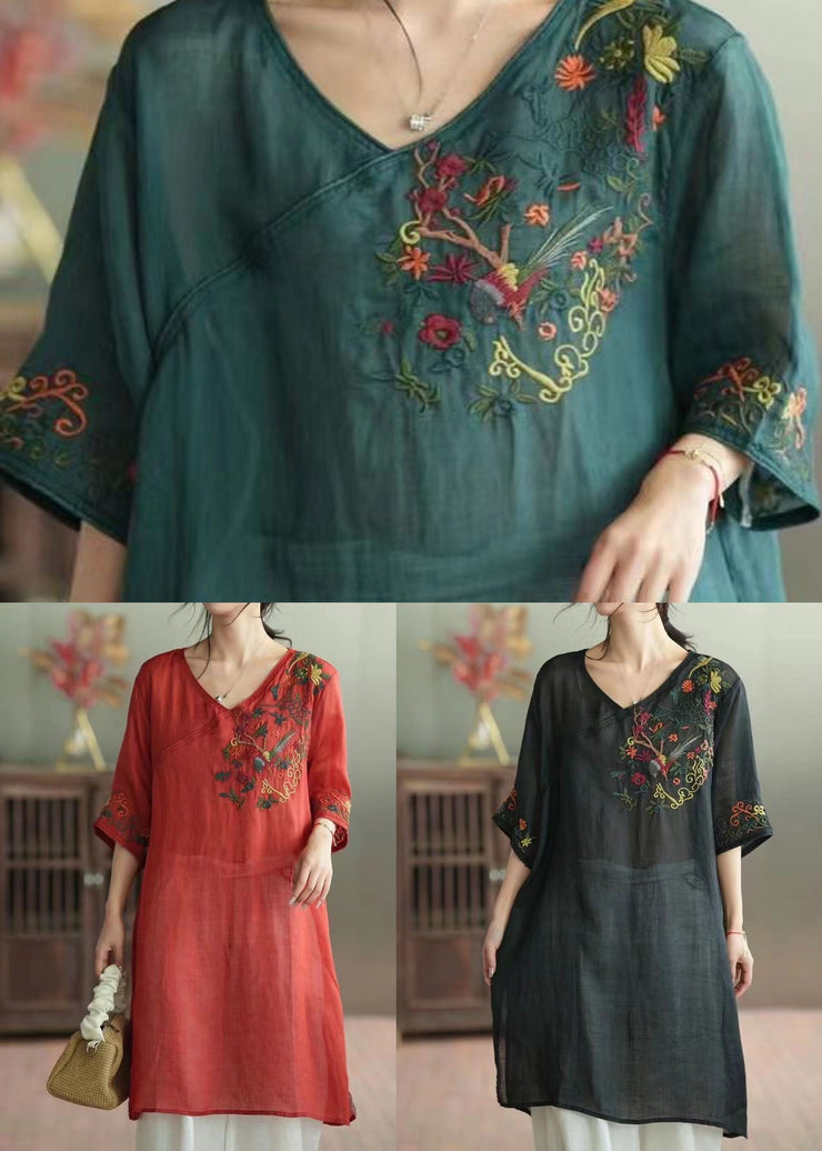 Green Patchwork Linen Mid Dress V Neck Embroideried Summer