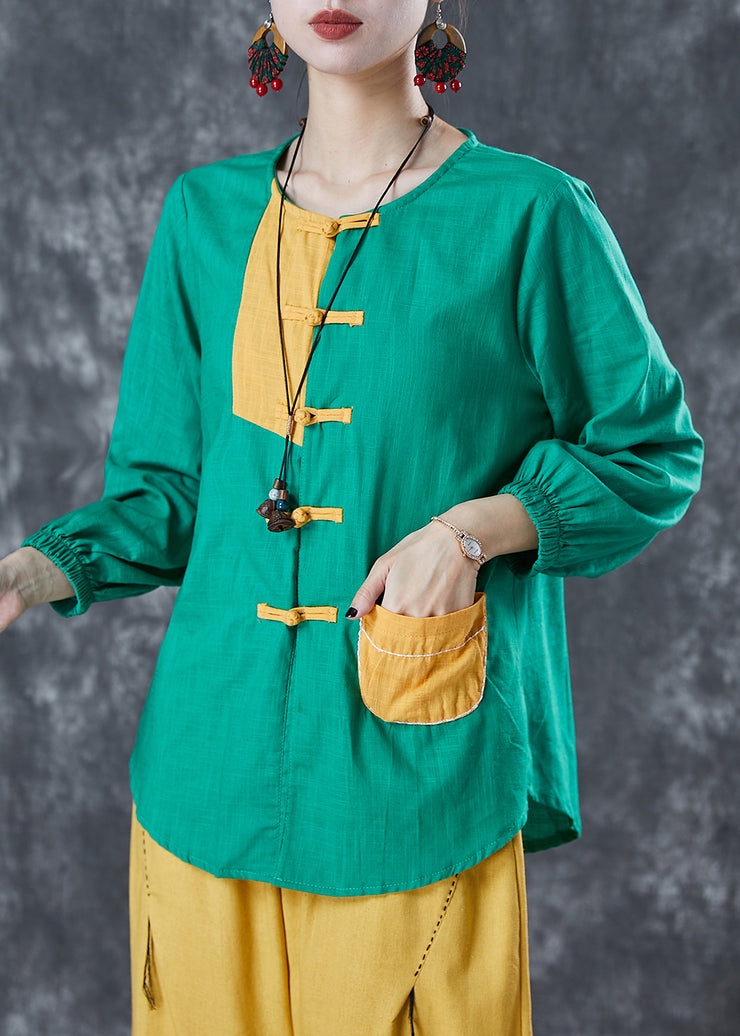 Green Patchwork Linen Oriental Shirt Pocket Summer