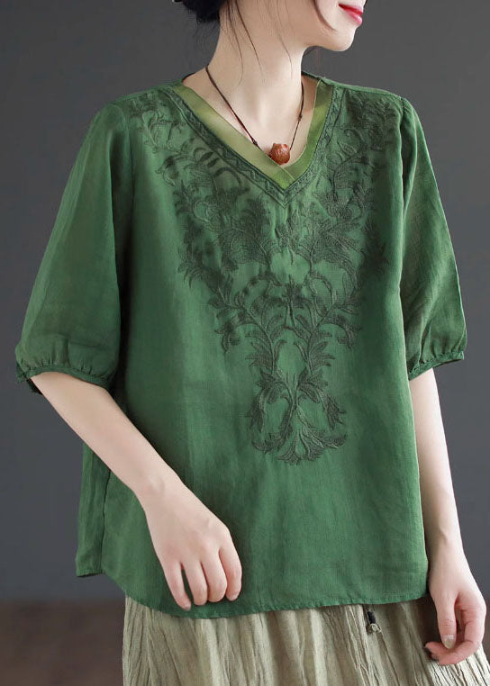 Green Patchwork Linen T Shirt Top V Neck Embroideried Summer