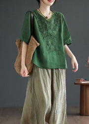 Green Patchwork Linen T Shirt Top V Neck Embroideried Summer