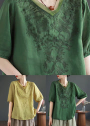 Green Patchwork Linen T Shirt Top V Neck Embroideried Summer