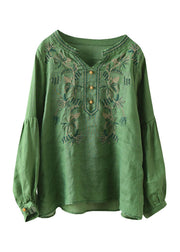 Green Patchwork Linen T Shirt Tops Embroideried Long Sleeve