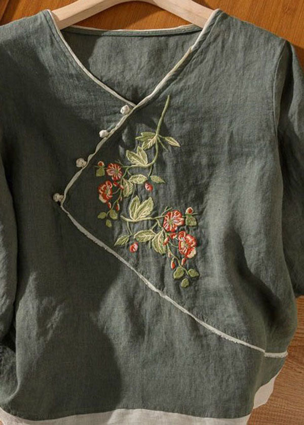 Green Patchwork Linen Top V Neck Embroideried Summer