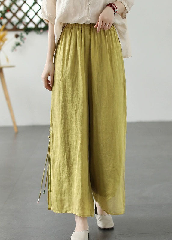 Green Patchwork Linen Wide Leg Pants Elastic Waist Side Open Summer