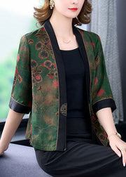 Green Patchwork Silk Cardigans Print Tassel Half Sleeve