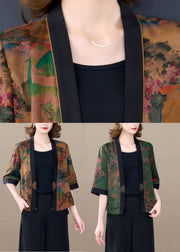 Green Patchwork Silk Cardigans Print Tassel Half Sleeve