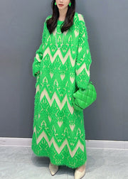 Green Patchwork Teddy Knit Sweater Dress O Neck Long Sleeve