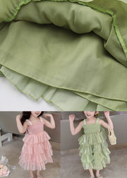 Green Patchwork Tulle Kids Girls Long Dresses Wrinkled Summer