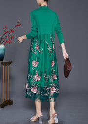 Green Patchwork Tulle Knit Dress Embroidered Fall