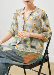 Green Patchwork Tulle Linen Shirt Tops Print Summer