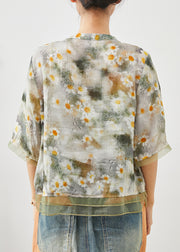 Green Patchwork Tulle Linen Shirt Tops Print Summer