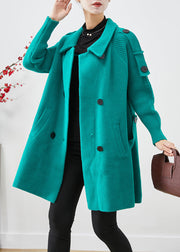 Green Patchwork Woolen Trench Oversized Double Breast Fall