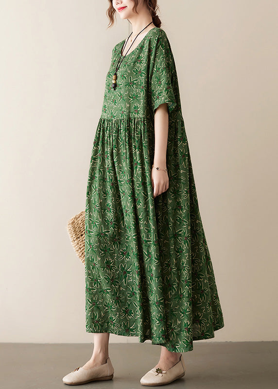 Green Patchwork Wrinkled Cotton Long Dress Summer