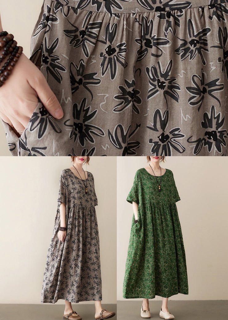 Green Patchwork Wrinkled Cotton Long Dress Summer