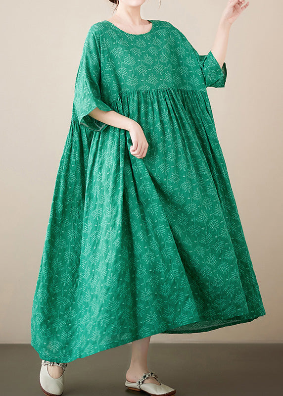 Green Patchwork Wrinkled Cozy Cotton Maxi Dresses Summer