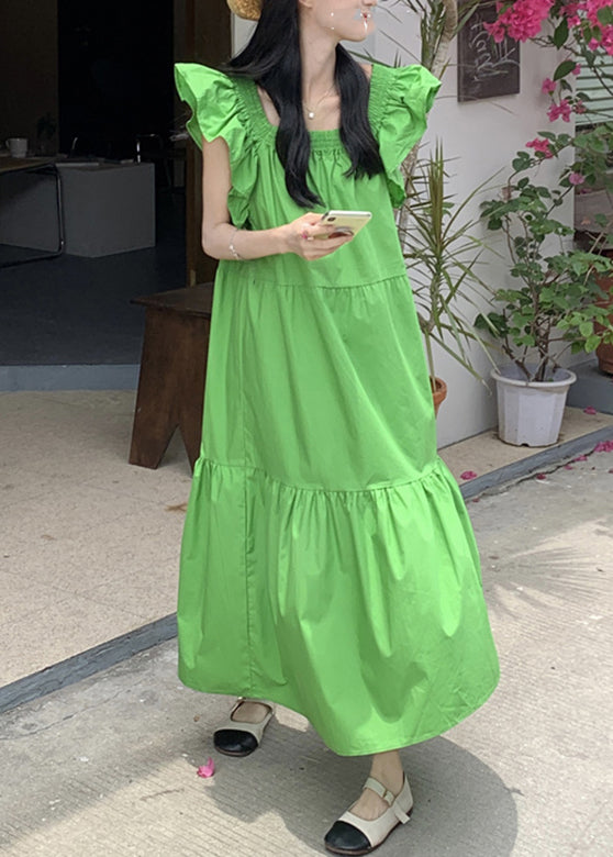 Green Patchwork Wrinkled Long Dresses Short Sleeve