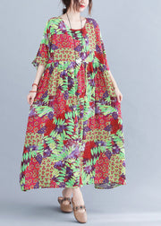 Green Patchwork Wrinkled Party Long Dress Short Sleeve