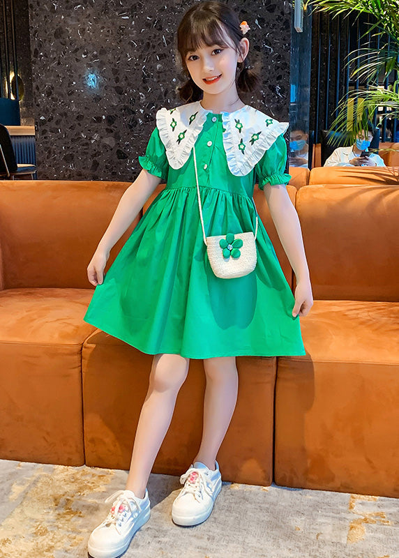 Green Peter Pan Collar Button Cotton Kids Mid Dresses Peter Pan Collar Summer