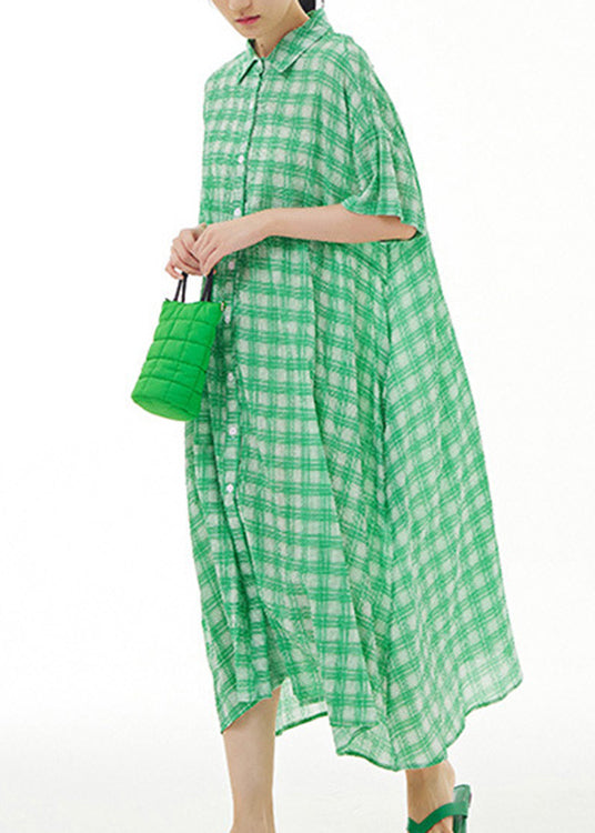 Green Peter Pan Collar Cotton Long Dresses Short Sleeve