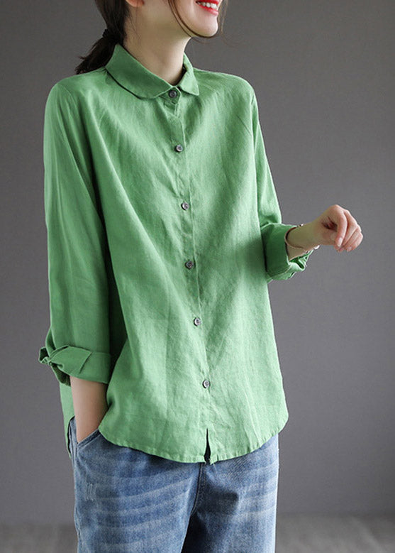 Green Peter Pan Collar Solid Shirt Long Sleeve