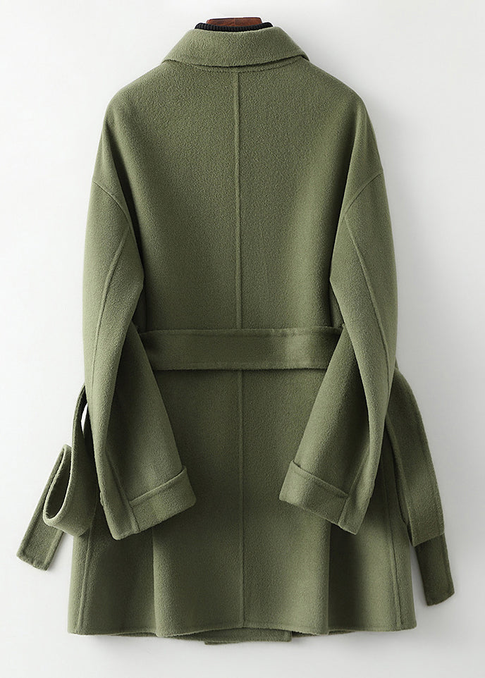 Green Peter Pan Collar Tie Waist Woolen Coats Fall