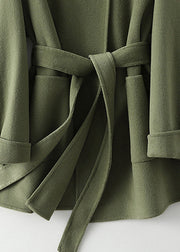 Green Peter Pan Collar Tie Waist Woolen Coats Fall