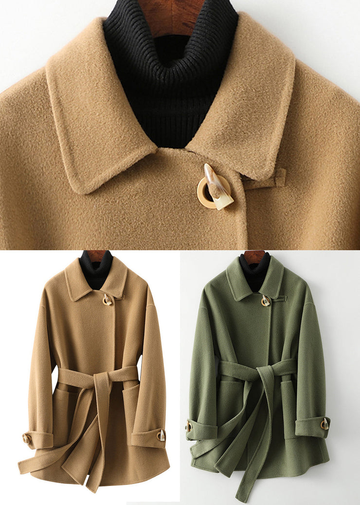 Green Peter Pan Collar Tie Waist Woolen Coats Fall