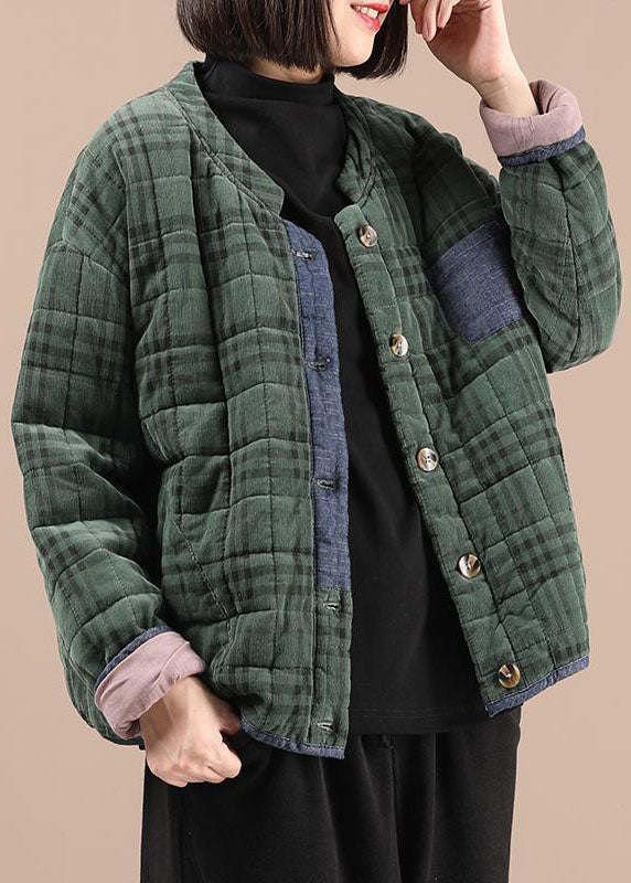 Green Plaid Patchwork Fine Cotton Filled Winter Coat