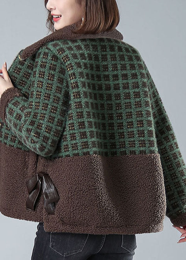 Green Plaid Warm Faux Fur Coats Bow Pockets Winter