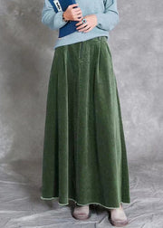 Green Pockets Corduroy Skirts Wrinkled Elastic Waist Spring