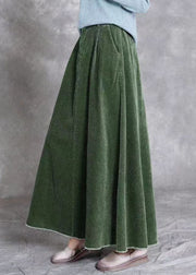 Green Pockets Corduroy Skirts Wrinkled Elastic Waist Spring