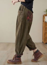 Green Pockets Elastic Waist Corduroy Fleece Pants