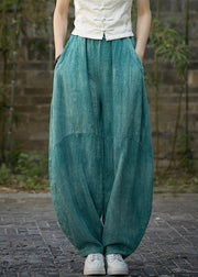 Green Pockets Linen Wide Leg Pants Elastic Waist