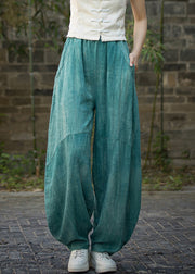 Green Pockets Linen Wide Leg Pants Elastic Waist