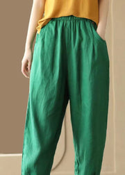 Green Pockets Patchwork Linen Pants Elastic Waist Summer