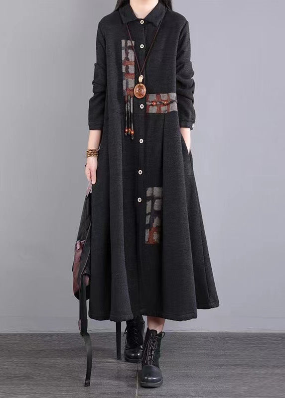 Green Pockets Patchwork Warm Fleece Maxi Dresses Peter Pan Collar Winter